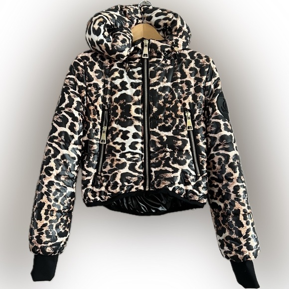 By Ola La Leopard Puffer Coat Hooded Cropped Small - Picture 1 of 16